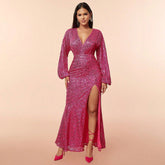Elegant Dress Sequ Deep V Plunge Split Long Sleeve Maxi Dress